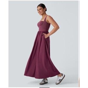 HALARA Breezeful Molded Cups Push Up Square Neck Maxi Dress Large Maroon NEW